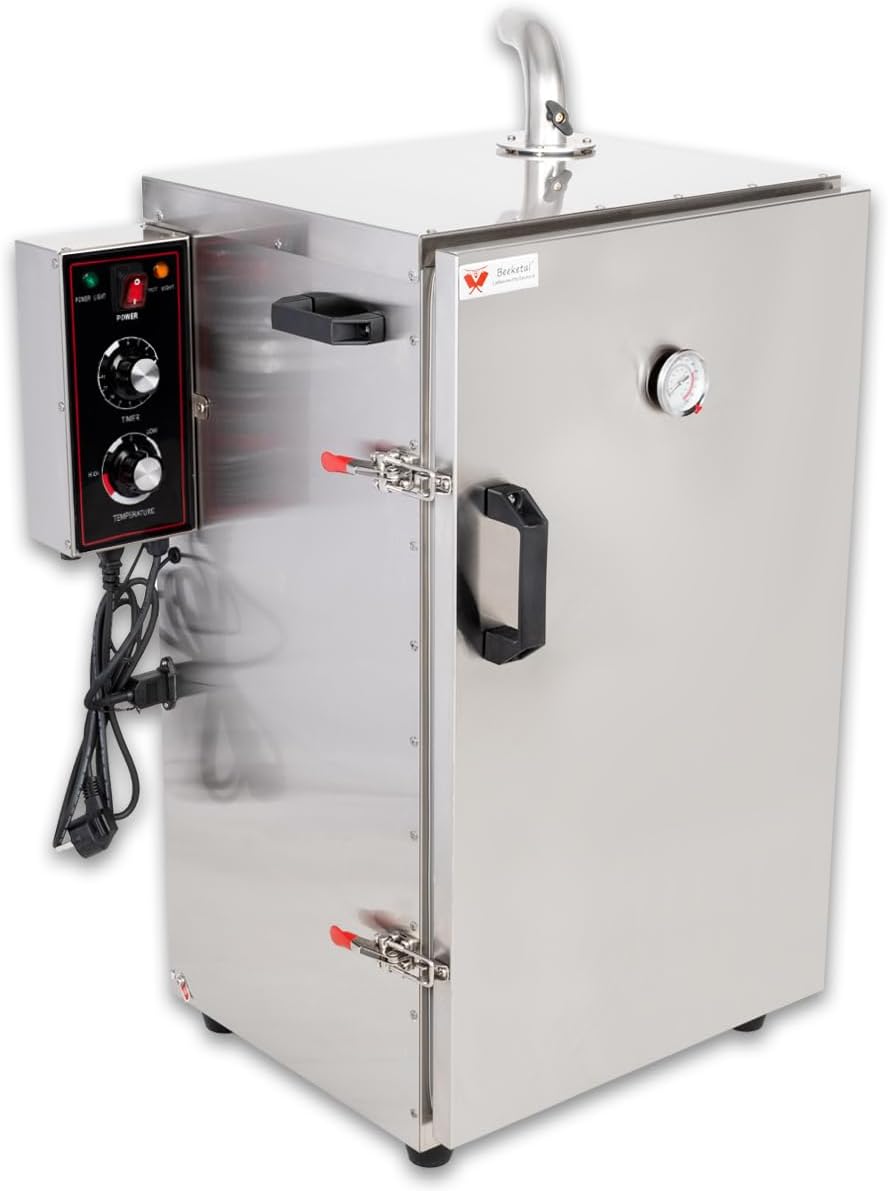 Beeketal 'BDSH-S03' elektrischer Edelstahl Räucherofen mit Wärmedämmung (doppelwandig), Räucherschrank mit Zeitsteuerung, Thermostat (30-135°C) und Gewürzschublade - (H/B/T) ca. 900 x 600 x 410 mm