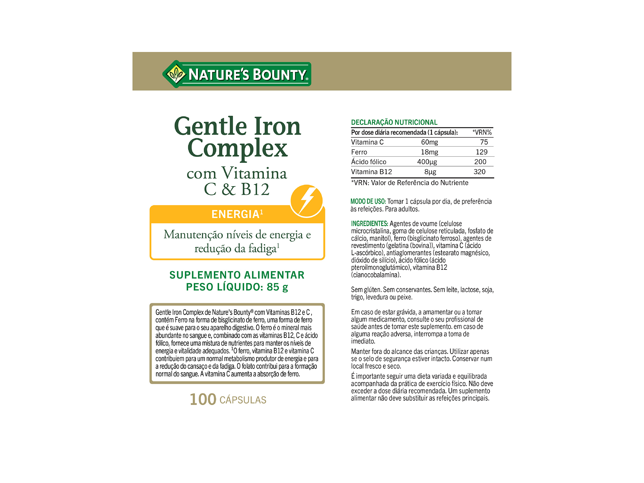 SUPLEMENTO NATURE?S BOUNTY COMPLX FERRO VIT.C B12 100CPS