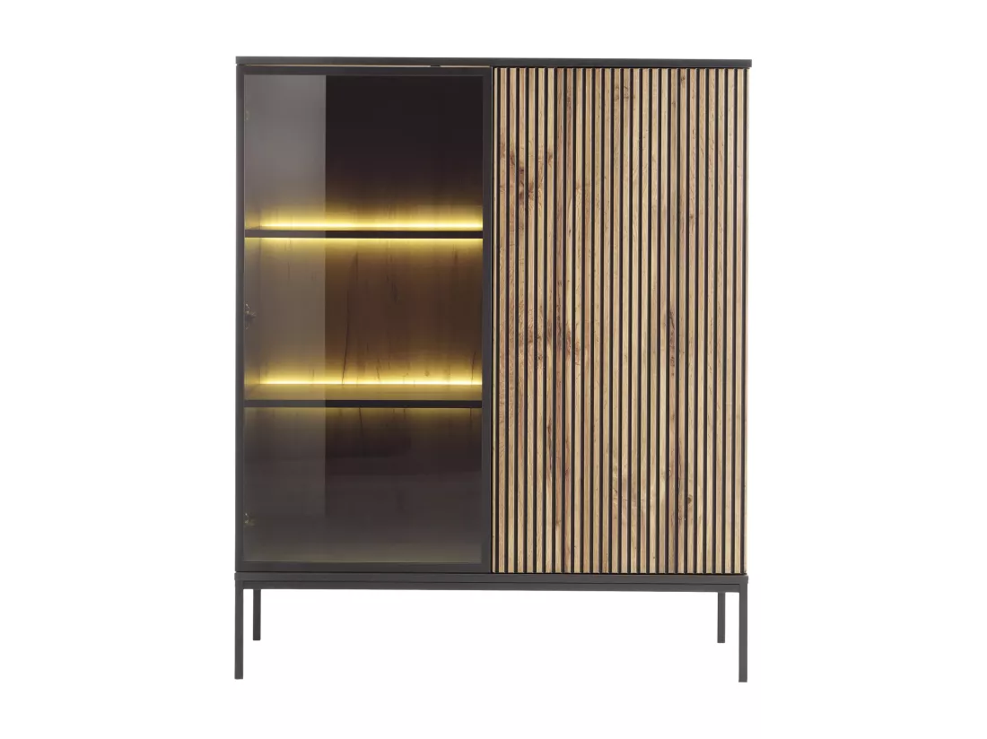 Vitrine 2 portes avec LEDs en MDF et verre fumé - Noir et Naturel - OVILA