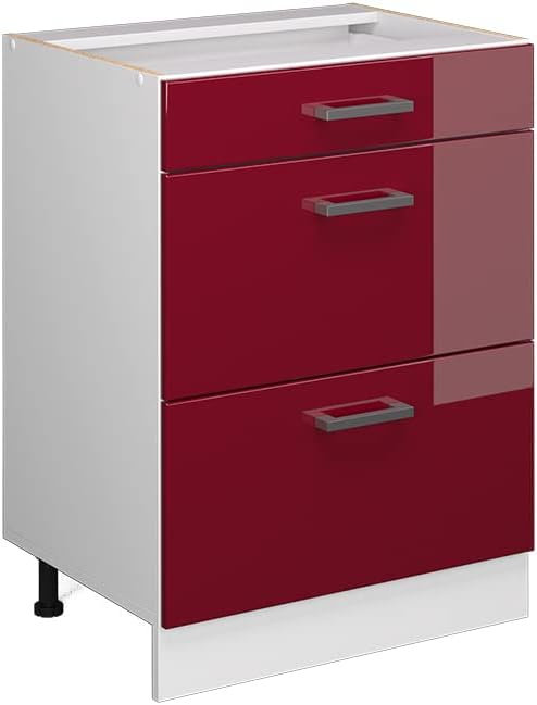 Vicco Küchenunterschrank R-Line, Rot Hochglanz, 60 cm mit Schubladen, ohne Arbeitsplatte