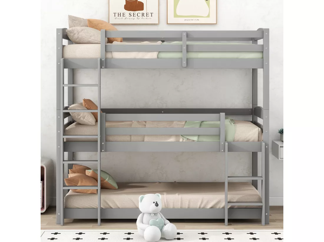 Lits Superposés Triple - 90 X 200 cm - Pour Adultes Et Enfants - Protection Antichute - Gris