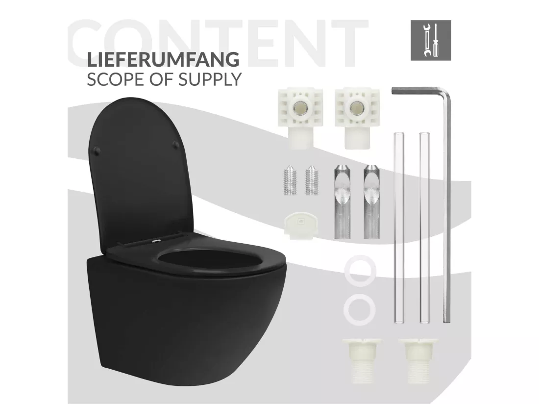 WC suspendu court nano chasse d'eau tornado noir avec siège toilette Softclose
