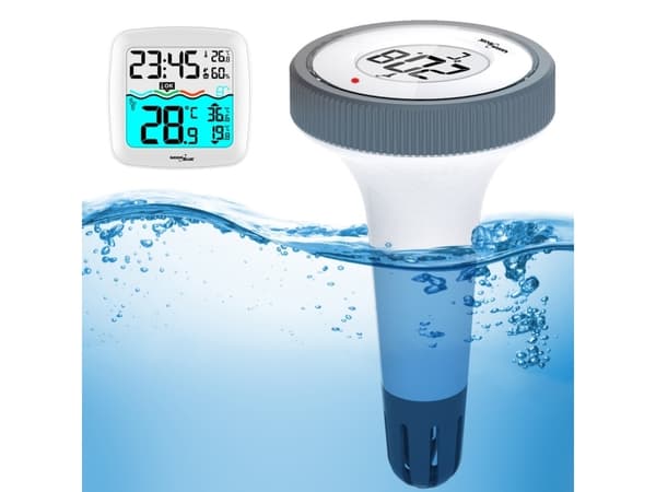 Vejrstation med GreenBlue pooltermometer, rækkevidde 60 m, svømmende sensor, temperatur, tid, kalender, DCF, GB216