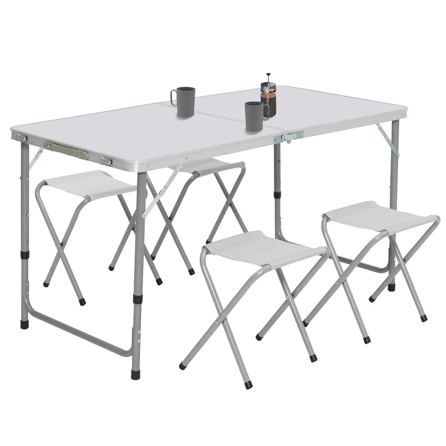 Table de camping pliante réglable en hauteur 120 cm et 4 tabourets blanc