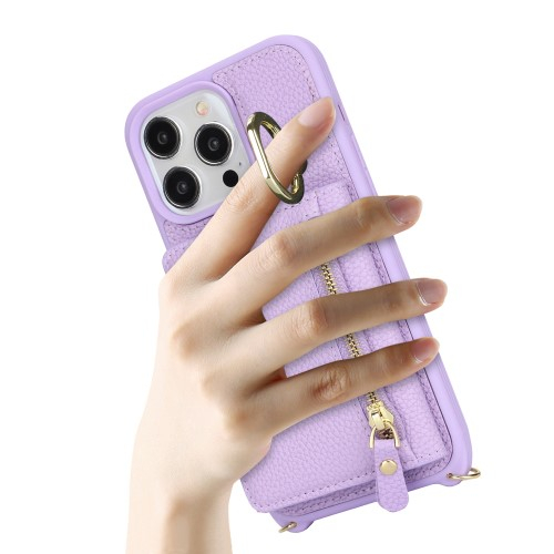 iPhone 13 Pro Necklace Leder Hülle mit Münzfach und Kartenfächer   Finger Griff Halterung   Handykette - Lila