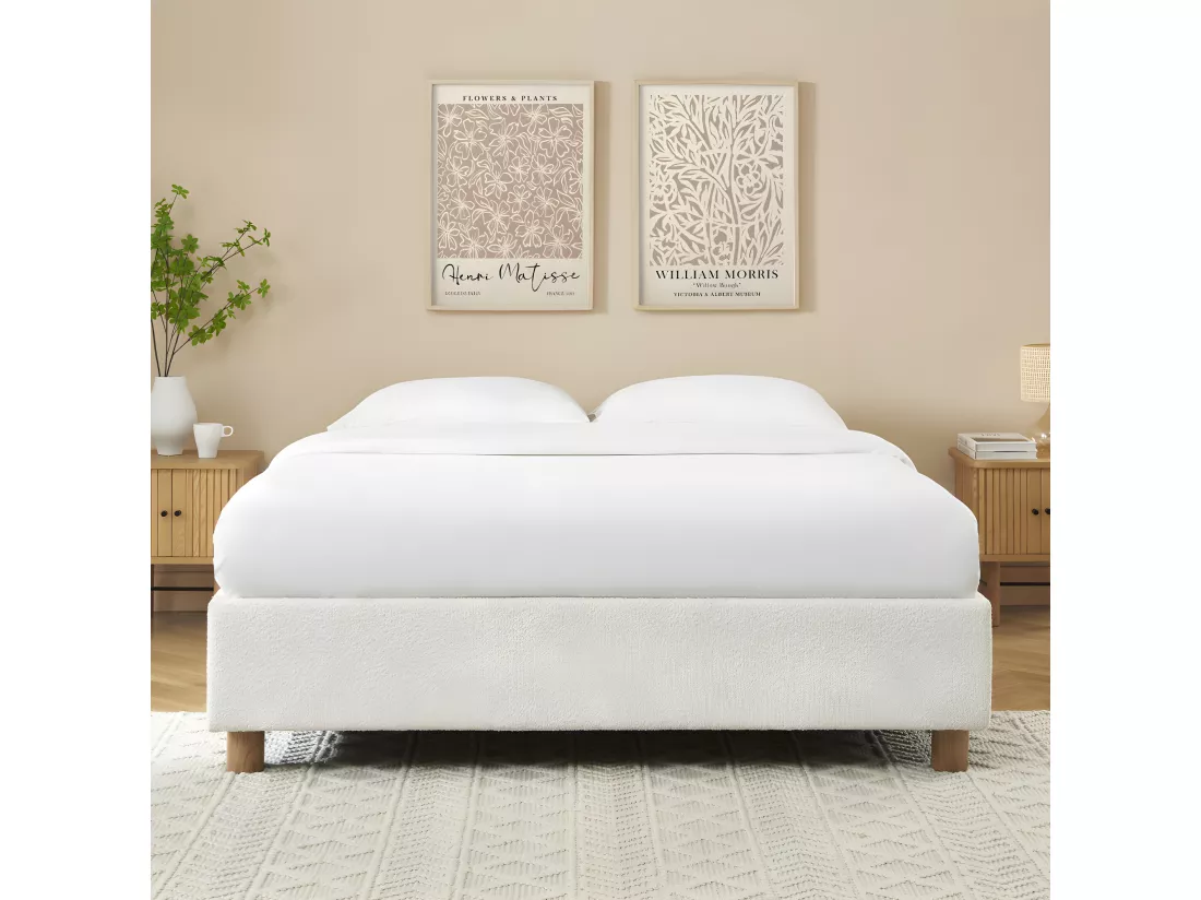 Millo - Lit coffre en tissu bouclette 140x190cm - Ecru