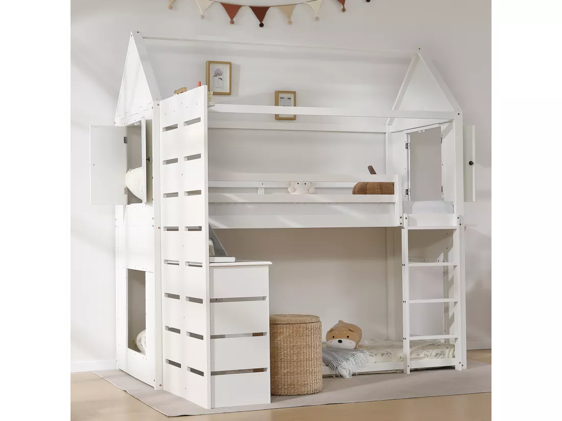 Lit mezzanine 90x200 cm en bois massif - avec bureau et échelle - Blanc