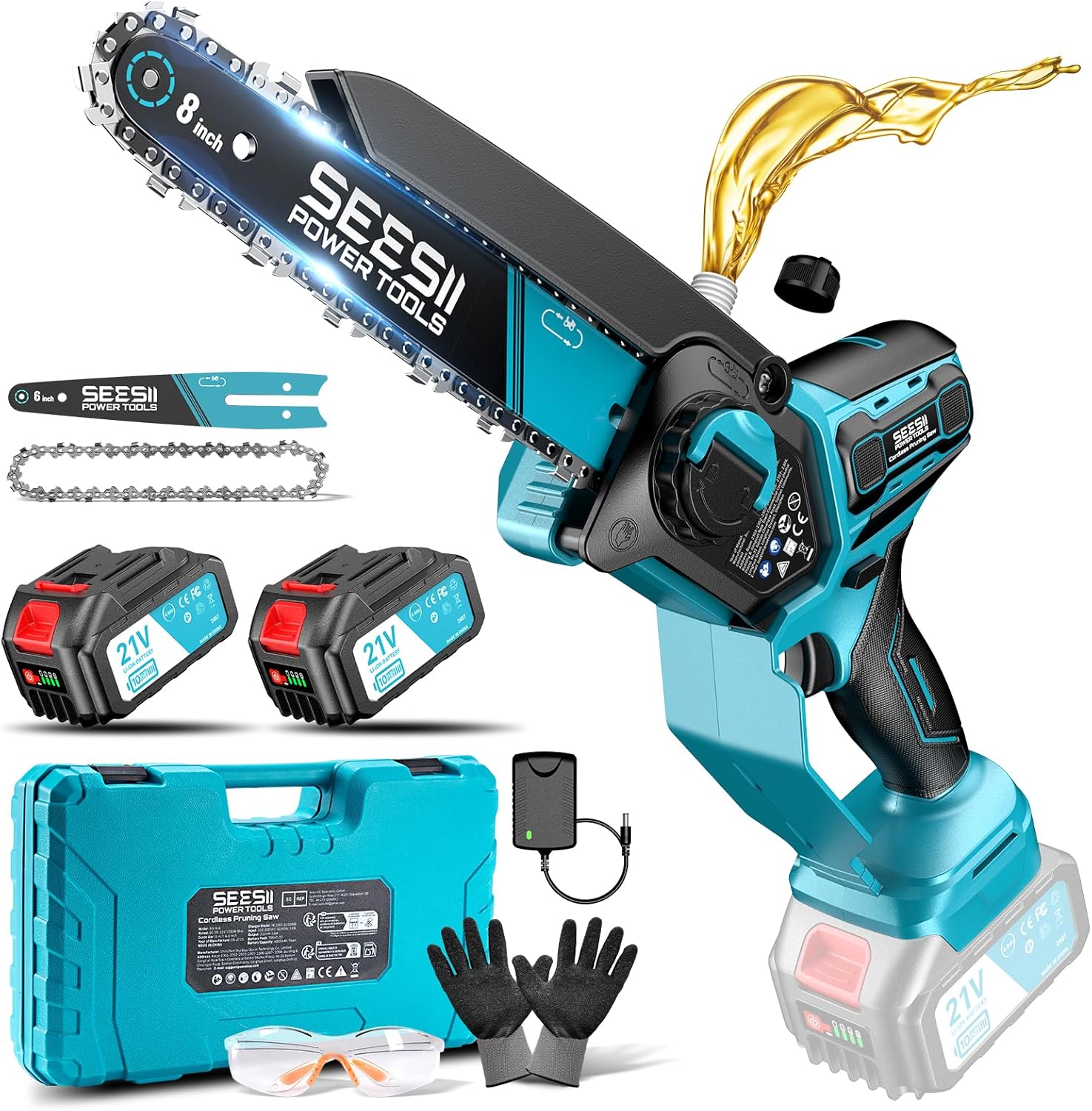 SEESII 6 & 8 Zoll Mini Kettensäge, 1000 W Brushless Kettensäge mit 2 * 4000 mAh Akkus, Kleine Säge mit Automatische Kettenschmierung & Werkzeuglose Kettenspannung, Astsäge Akku für Holz, Ast