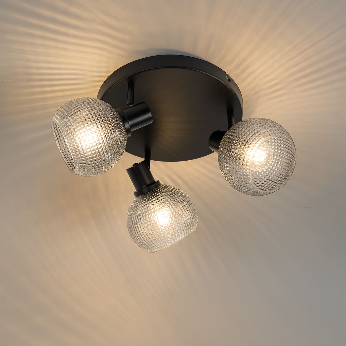 Design spot zwart met smoke glas 3-lichts rond - Chico