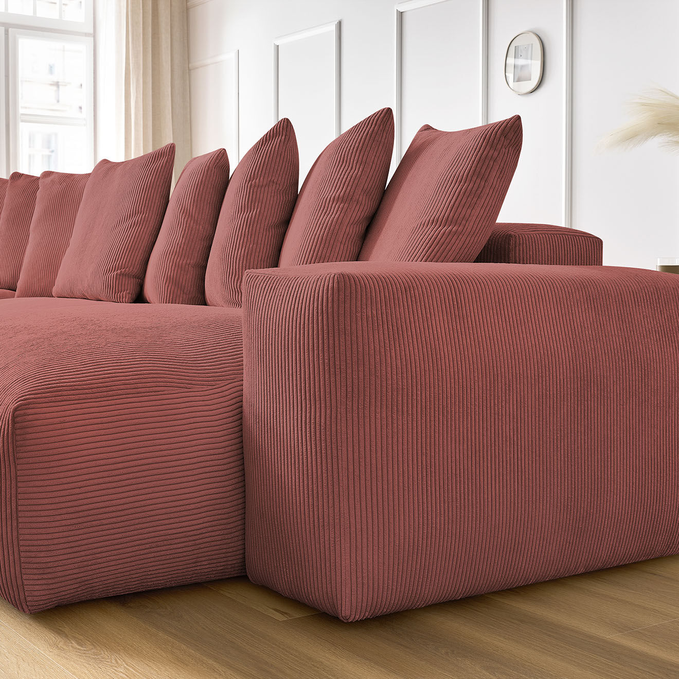 Bobochic Canapé panoramique fixe ultra moelleux voltaire velours côtelé rose - 420x174x75 cm