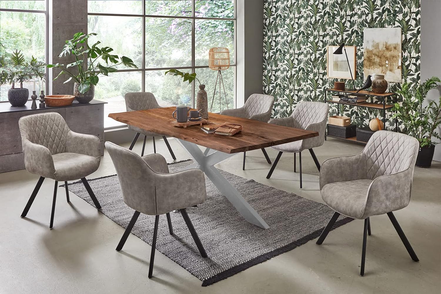 SAM Esstisch 160x85cm Salerno, Akazienholz nussbaumfarben + massiv + lackiert, echte Baumkante, Baumkantentisch, Spider-Metallgestell Silber, Esszimmertisch, Tischplatte 35mm