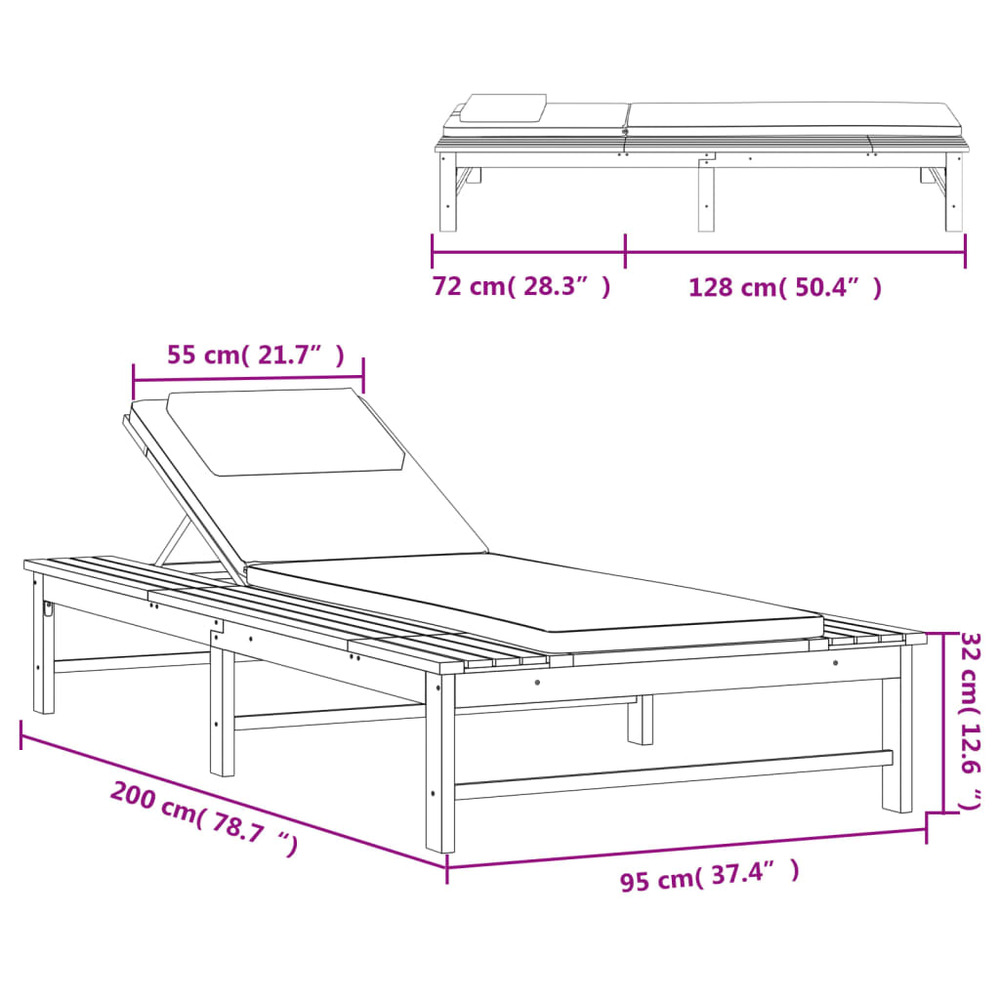 Transat chaise longue bain de soleil lit de jardin terrasse meuble d'extérieur et coussin/oreiller gris foncé bois massif aca