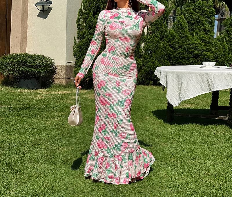 Leandrillo - Maxi-zeemeerminjurk met lange mouwen en nephals en bloemenprint