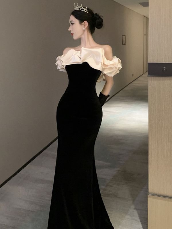 ZY·HT - Off-shoulder geplooide tweekleurige zeemeermin avondjurk