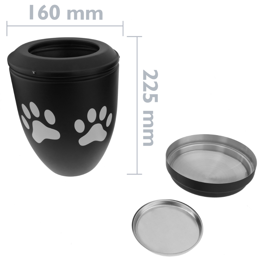Urna para cinzas de cremação, lembrança funerária, recipiente de metal preto, 160x225 mm, design com pegada