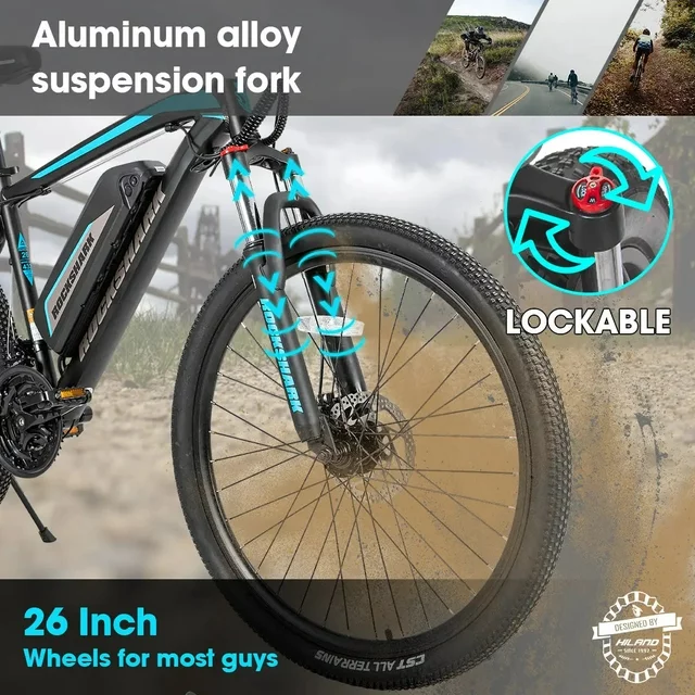 Hiland Rockshark Electric Bike Electric Mountain Bike Aluminum 26/27.5 inch 350W 20MPH Adults E-Bike Shimano 21 Speed Disc Brake Suspension Fork with 36V 10.4Ah Removable Battery