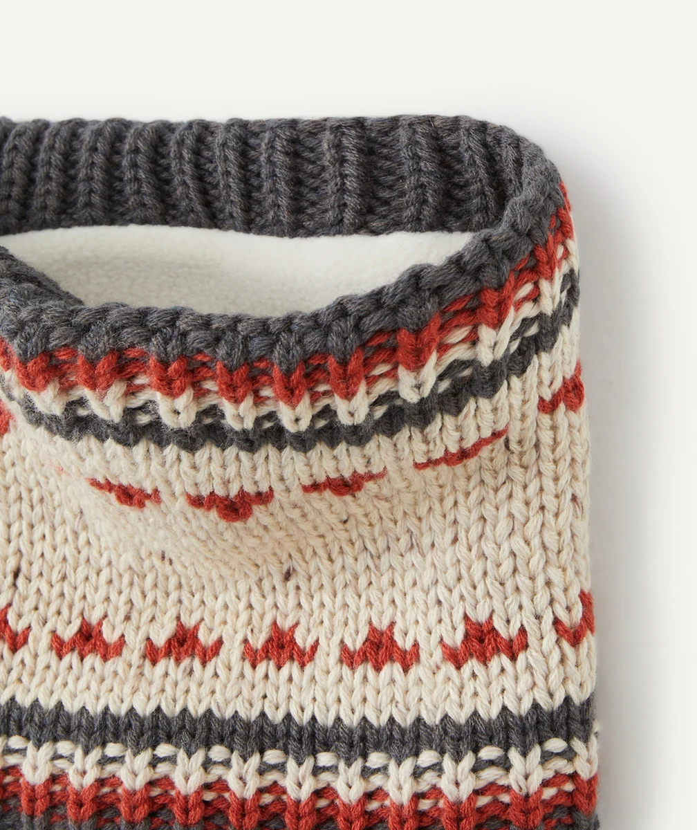 SNOOD TRICOT BÉBÉ GARÇON EN FIBRES RECYCLÉES BEIGE ET GRIS AVEC MOTIFS