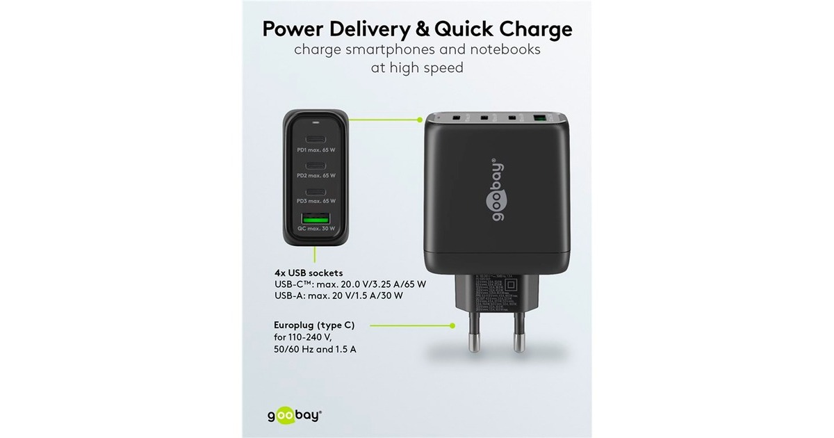 goobayUSB-C PD GaN multipoort snellader (68 W)  (Zwart, 3x USB-C, 1x USB-A, Power Delivery, QuickCharge)