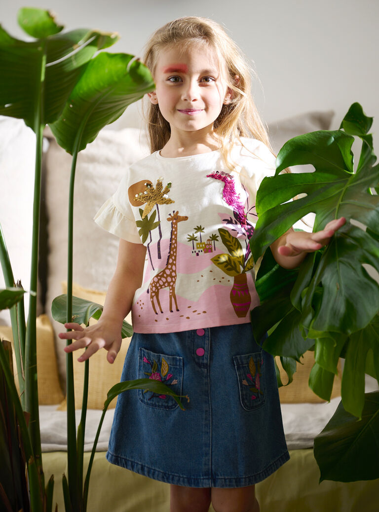 Jupe en jean broderie fleurie pour fille