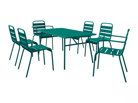 Salle à manger de jardin en métal - une table L.160 cm avec 2 fauteuils empilables et 4 chaises empilables - Bleu canard - MIRMANDE de MYLIA