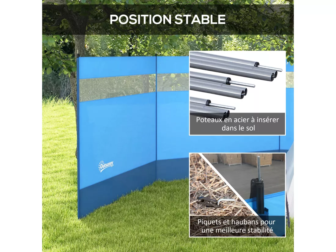 Paravent brise-vue camping plage portable pliable avec sac de transport et poteaux acier dim. 440L x 140H cm bleu
