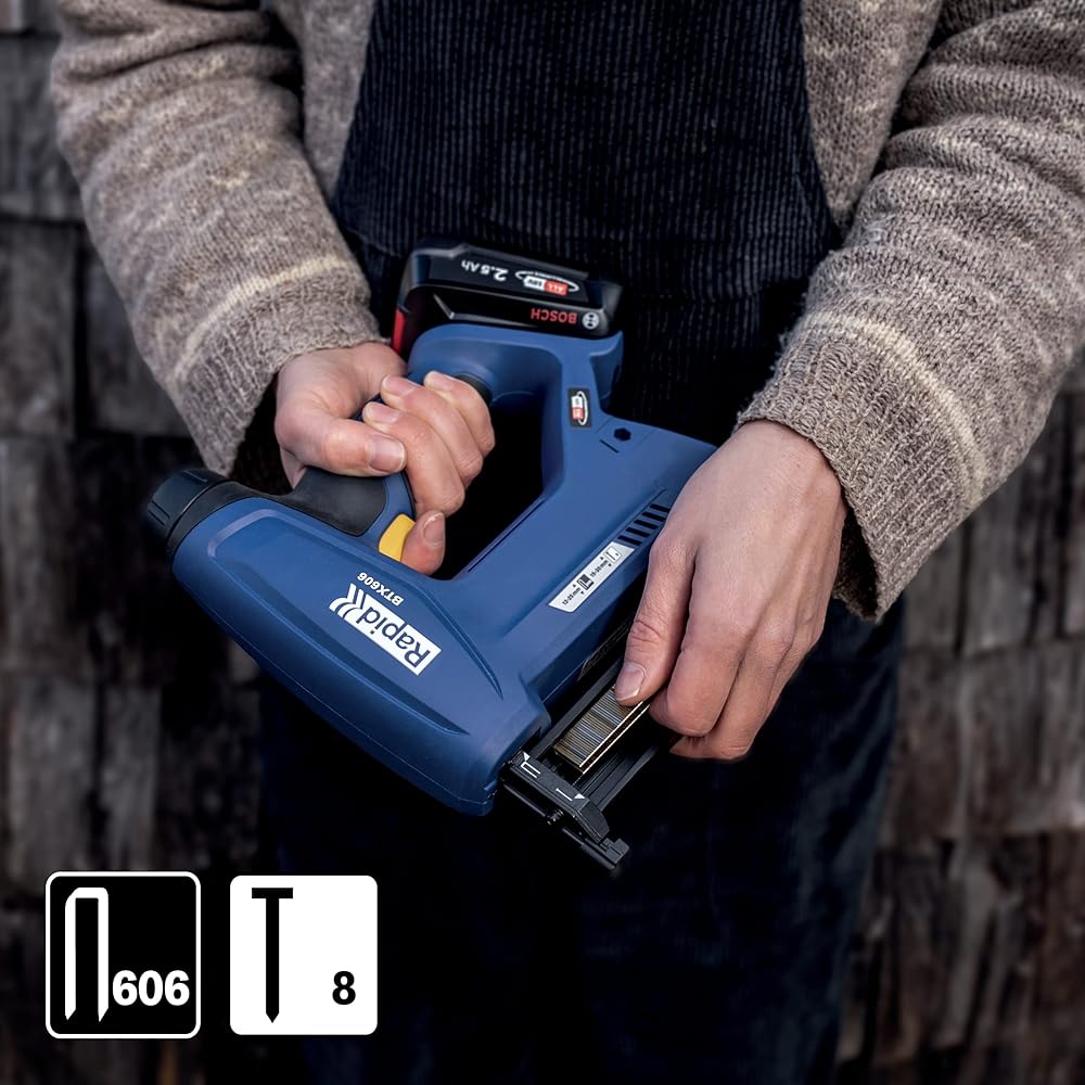 Rapid BTX606 - Agrafeuse Murale P4A 18V, Agrafeuse-Cloueuse électrique Sans Fil à Batterie, pour Agrafes à Couronne étroite & Pointes, Bois Dur & Tendre + Batterie 2,5 Ah, Chargeur, Malette : Bricolage