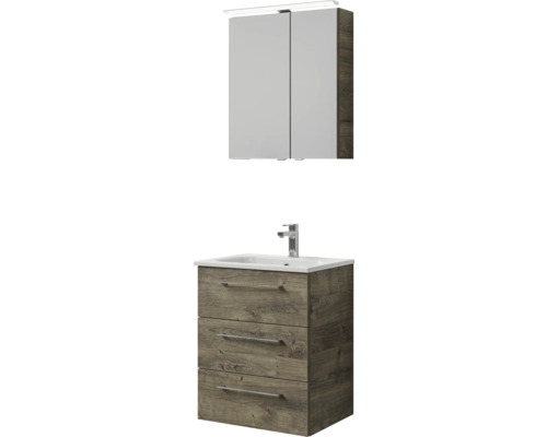 Pelipal Sunline 121 badkamermeubelset (B x H x D 61 x 200 x 46 cm), Ribbeck eiken fronten, met mineraal gegoten wastafel, badmeubel met 3 laden en spiegelkast met LED-verlichting