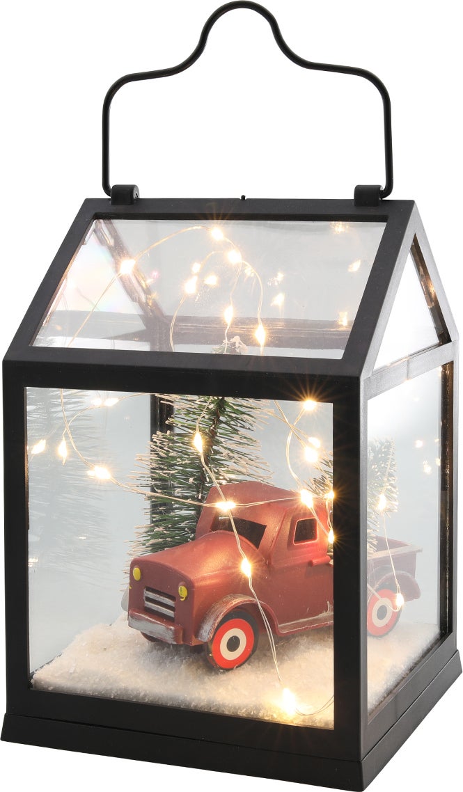 Lantaarn met auto zwart / rood met verlichting 14 x 14 x 20 cm