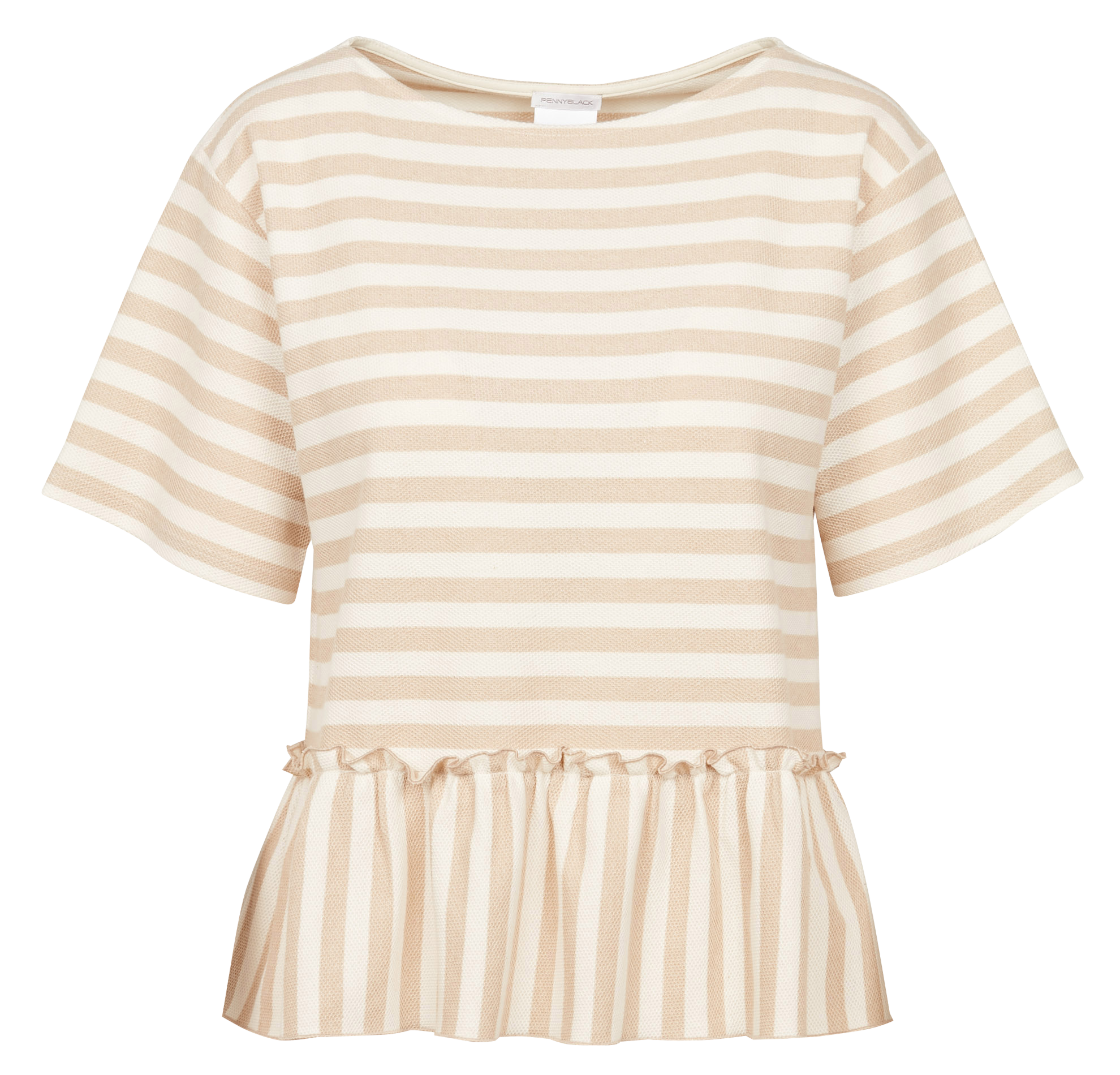 Top col bateau à rayures en coton mélangé | Beige