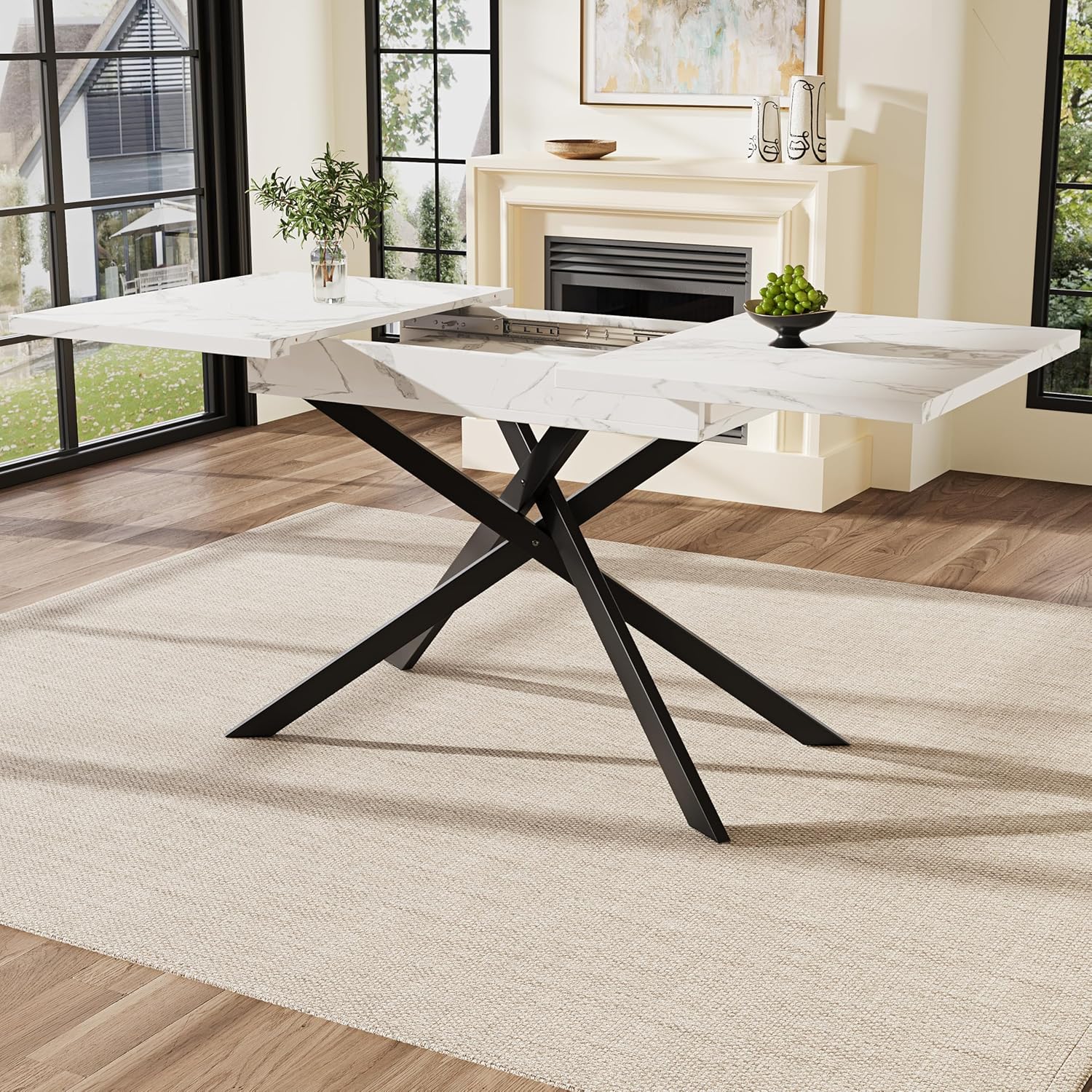 Esstisch Ausziehbar, küchentisch Esszimmertisch, 120-160×80x76.5 cm Rechteckiger Küchentisch, Schwarz Gekreuzte Eisenbeine, Dining Table, Ausziehbar Esstisch für Wohnzimmer, Esszimmer (Weiß)