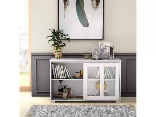 Buffet de cuisine, 2 etagères, porte coulissante, contemporain,blanc antique