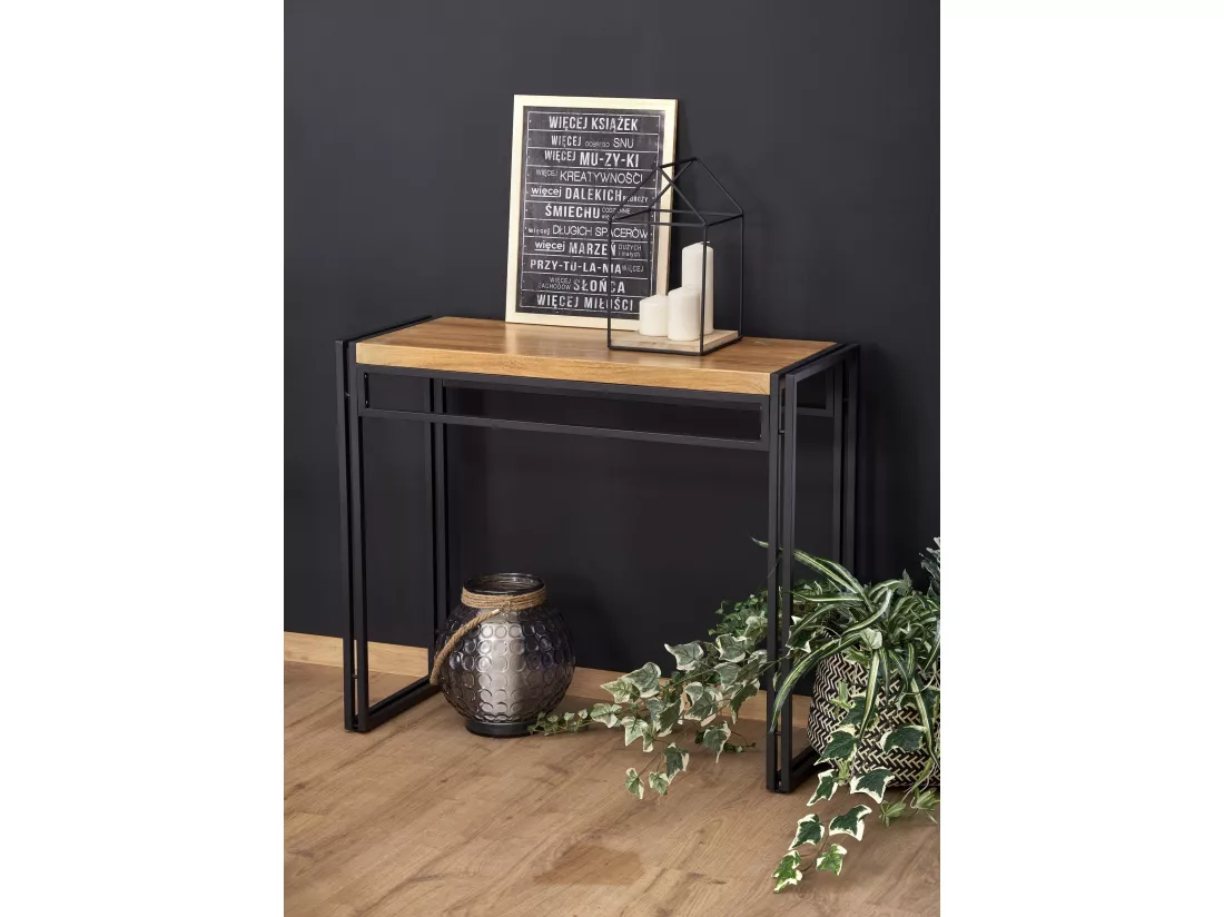 Console plateau style chêne doré et pieds en acier noir Aqua