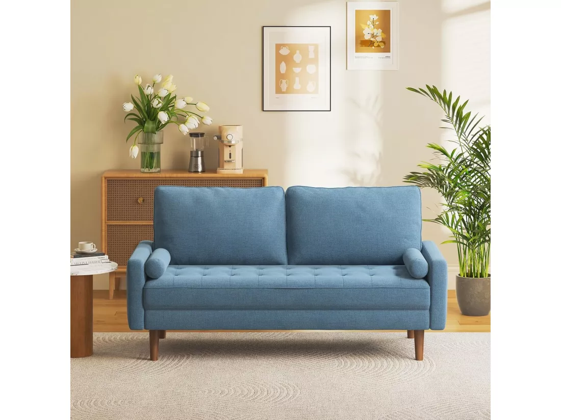 Canapé 3 places en tissu Lin bleu - Scandinave - avec 2 Oreillers et Accoudoirs - Pieds bois massif - 173x77x84cm