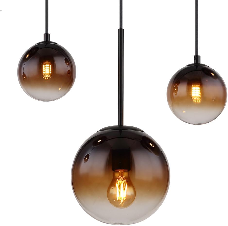Pendelleuchte Esszimmerlampe Hängeleuchte Deckenlampe Wohnzimmerleuchte, Metall Glas amber rauchfarben schwarz, 3x E27 3x G9, 6 Flammig, H 117 cm