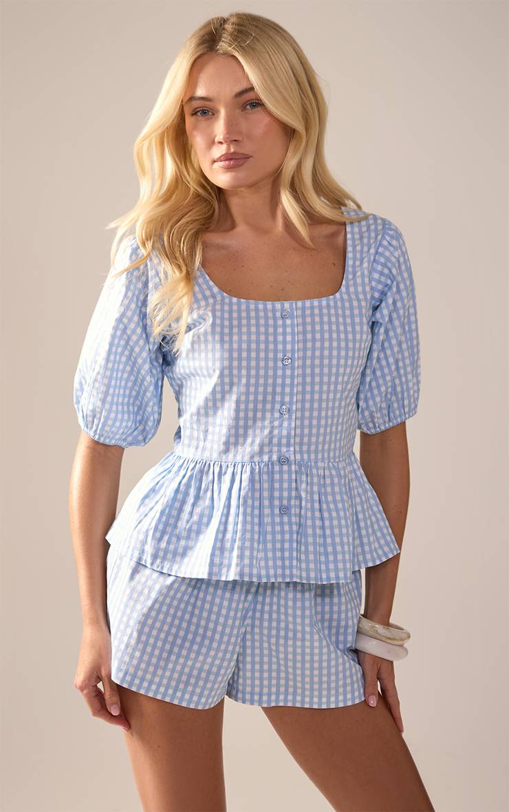 Bleu Ensemble Coordonné Chemisier Vichy En Coton À Manches Bouffantes Boutonné