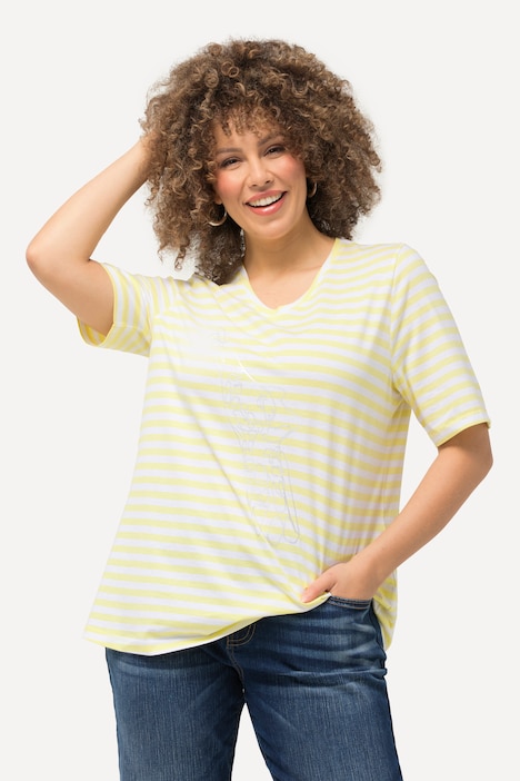 Shirt, Ringel, Metallic-Tier, V-Ausschnitt, Halbarm