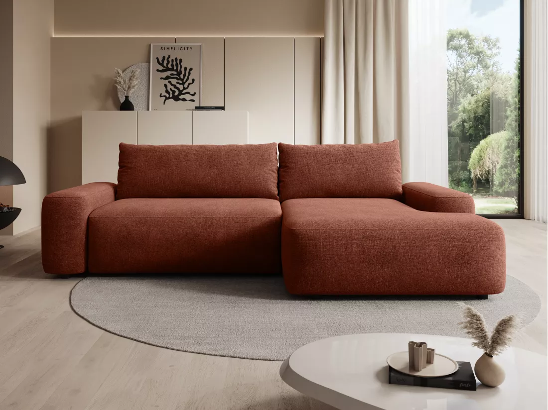 Canapé d'angle droit convertible en tissu texturé terracotta DAVISO