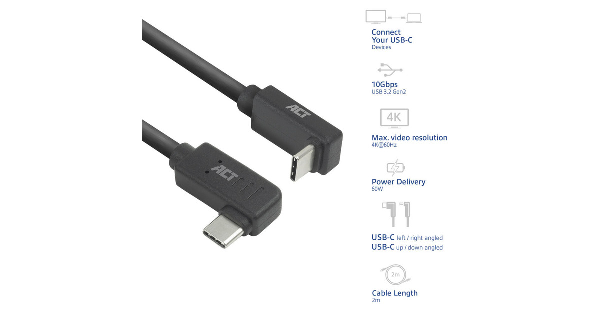 ACT ConnectivityUSB 3.2 USB-C (omhoog/omlaag haaks) naar USB-C (links/rechts haaks) kabel  (Zwart, 10 Gbit/s, 60W, 2 meter)