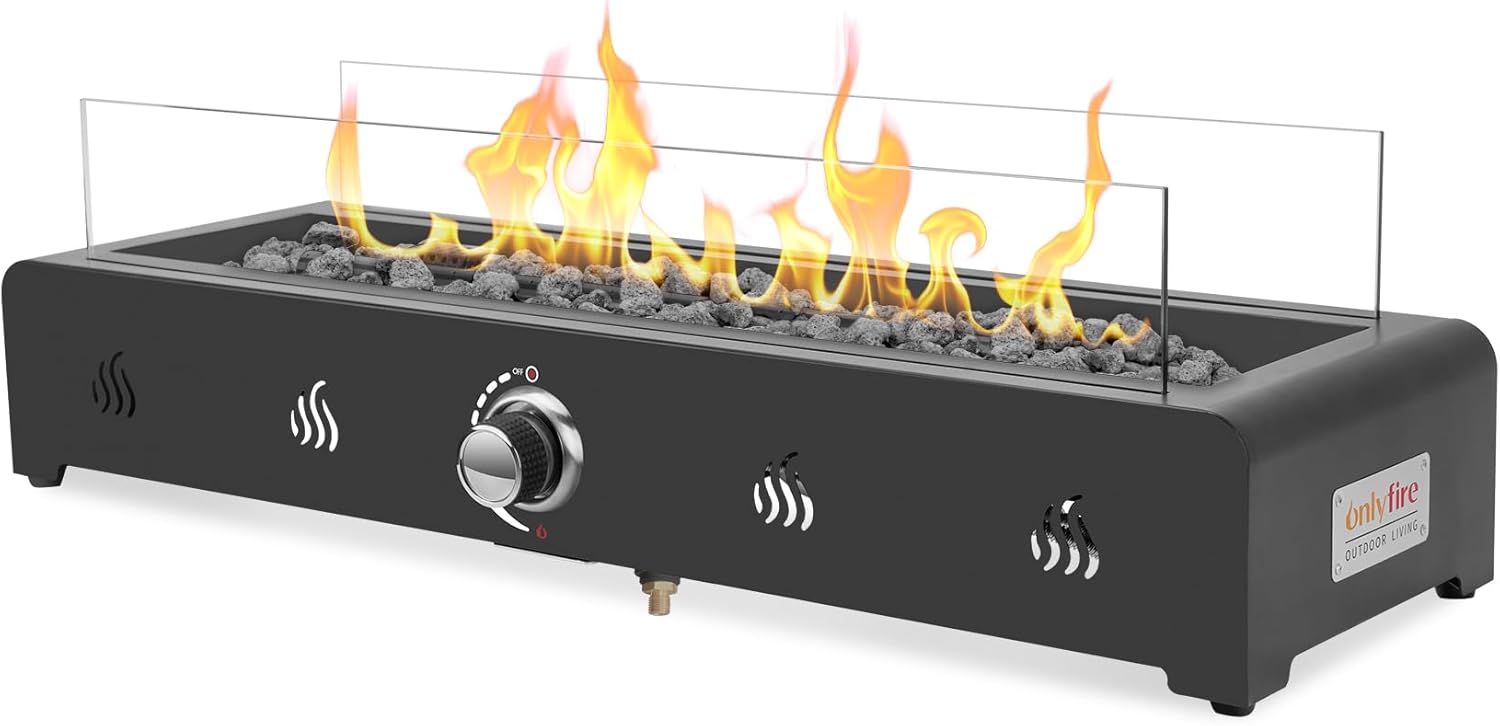 onlyfire 72cm Tisch-Gas-Feuerstelle, 6.5 kW Propan Gas Terrassenfeuer Tischkamin mit Unterer Lufteinlass, Glaswindschutz & Lavastein, Rechteckig Tischfeuerstelle Outdoor für Terrasse Garten