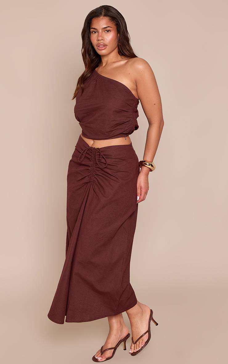 Chocolat Jupe Midi Co-ord Aspect Lin Taille Froncée Sculptante