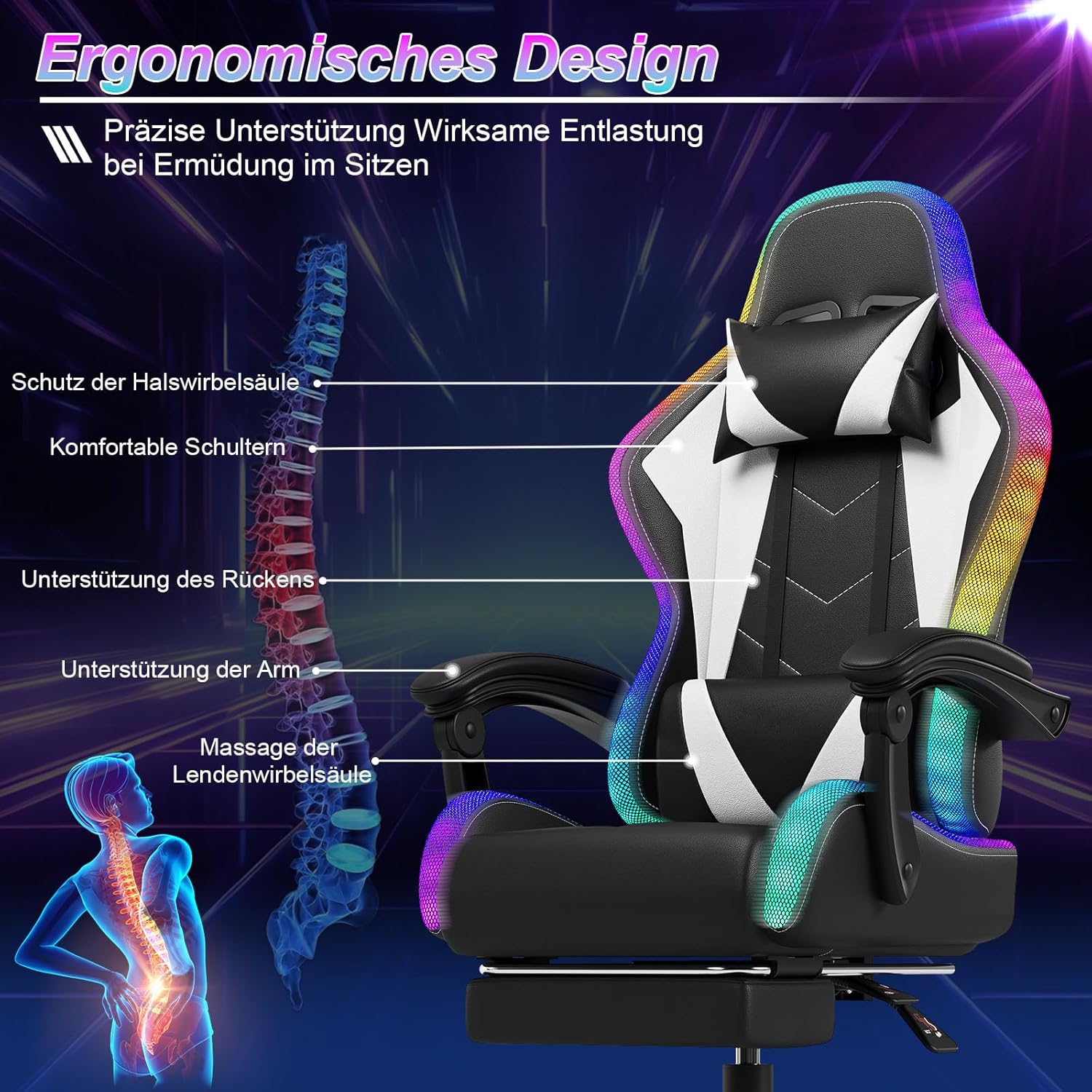 Devoko LED Gaming Stuhl, Cool und Augenschonendes. Ergonomischer Bürostuhl mit Massagefunktion, Teleskop-Fußstütze, Verstellbarem Rückenlehnen von 90-135°,Gamer Stuhl 150 kg belastbarkeit, Weiß