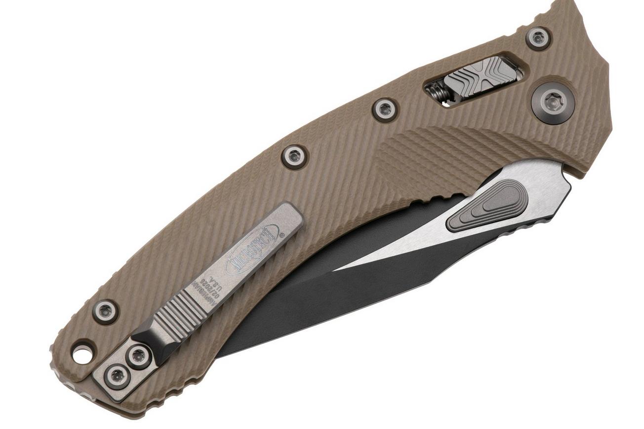 Microtech Amphibian 137RL-1FLGTTA, Two Tone Black M390MK, Fluted Tan G-10 zakmes