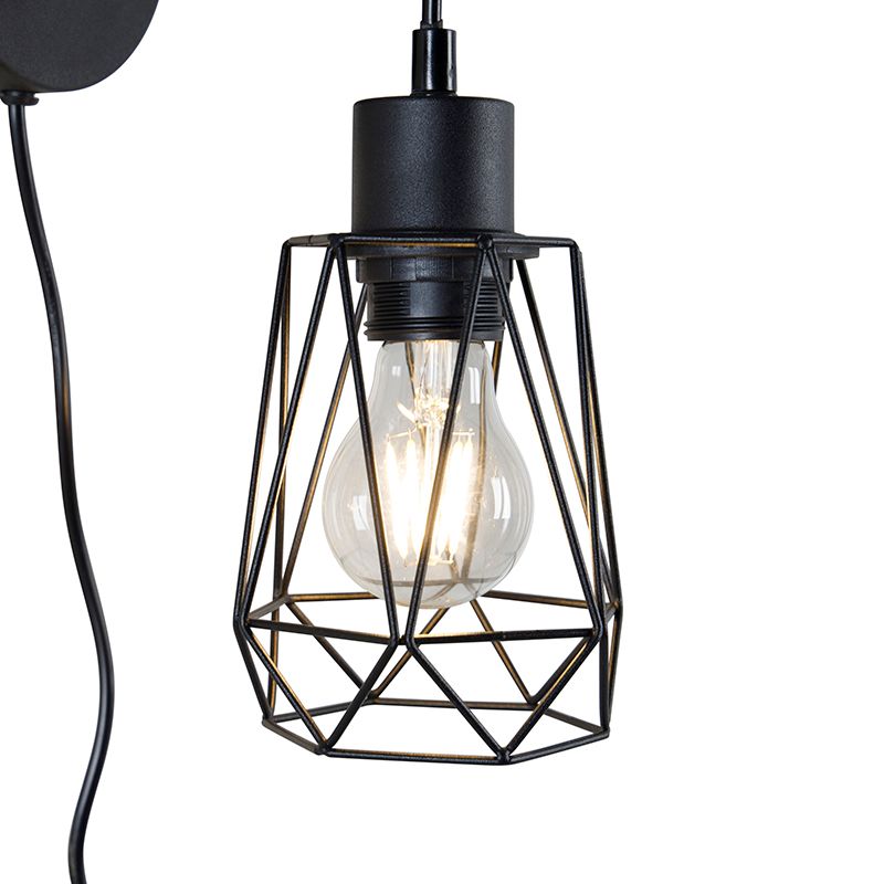 Landelijke wandlamp zwart met hout - Dami Frame