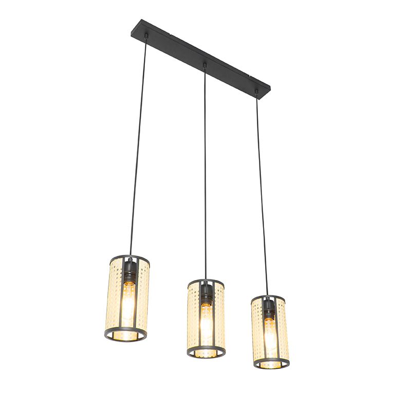 Oosterse hanglamp zwart met rotan 3-lichts langwerpig - Akira