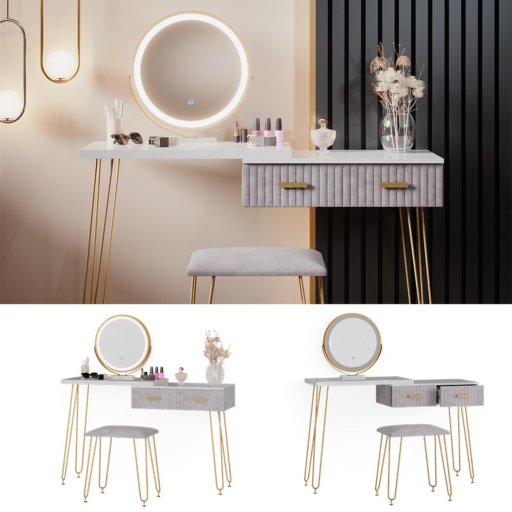 Vicco Schminktisch Frisiertisch Schminkkommode Zoey Weiß Grau LED-Spiegel Design-Hocker 120x76 cm modern Schlafzimmer Kommode Schublade Ablage Aufbewahrung Touch-Switch Kosmetiktisch Make-Up-Tisch