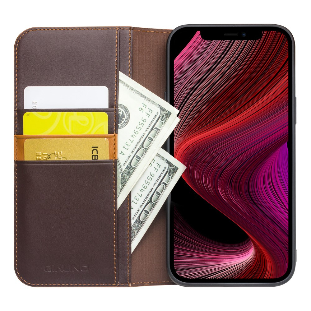 iPhone 13 Echtleder Tasche Flip Cover mit Kartenfächer - Braun (Matt)