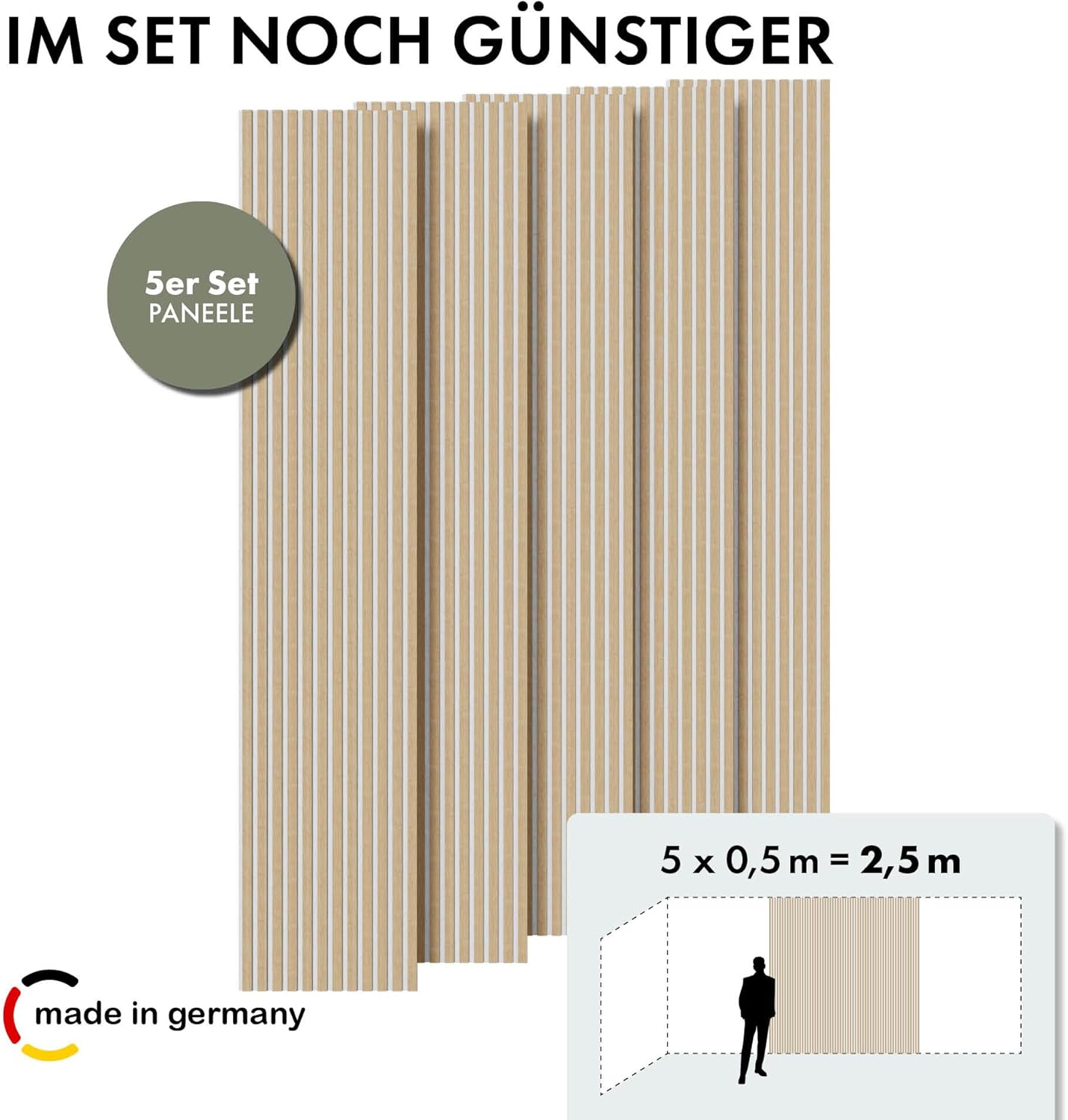 Momento 5 Stück Akustikpaneele Holz 240x50 cm - Made in Germany - Eiche Natur - Wandverkleidung Innen Wandpaneele Holzoptik - 3D Lamellenwand Paneele - Akustik Holzpaneele Wand Holzverkleidung Panel