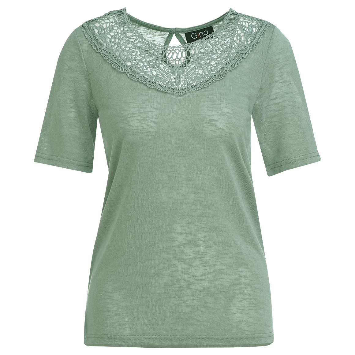 Gina Damen T-Shirt mit Spitzenausschnitt oliv
