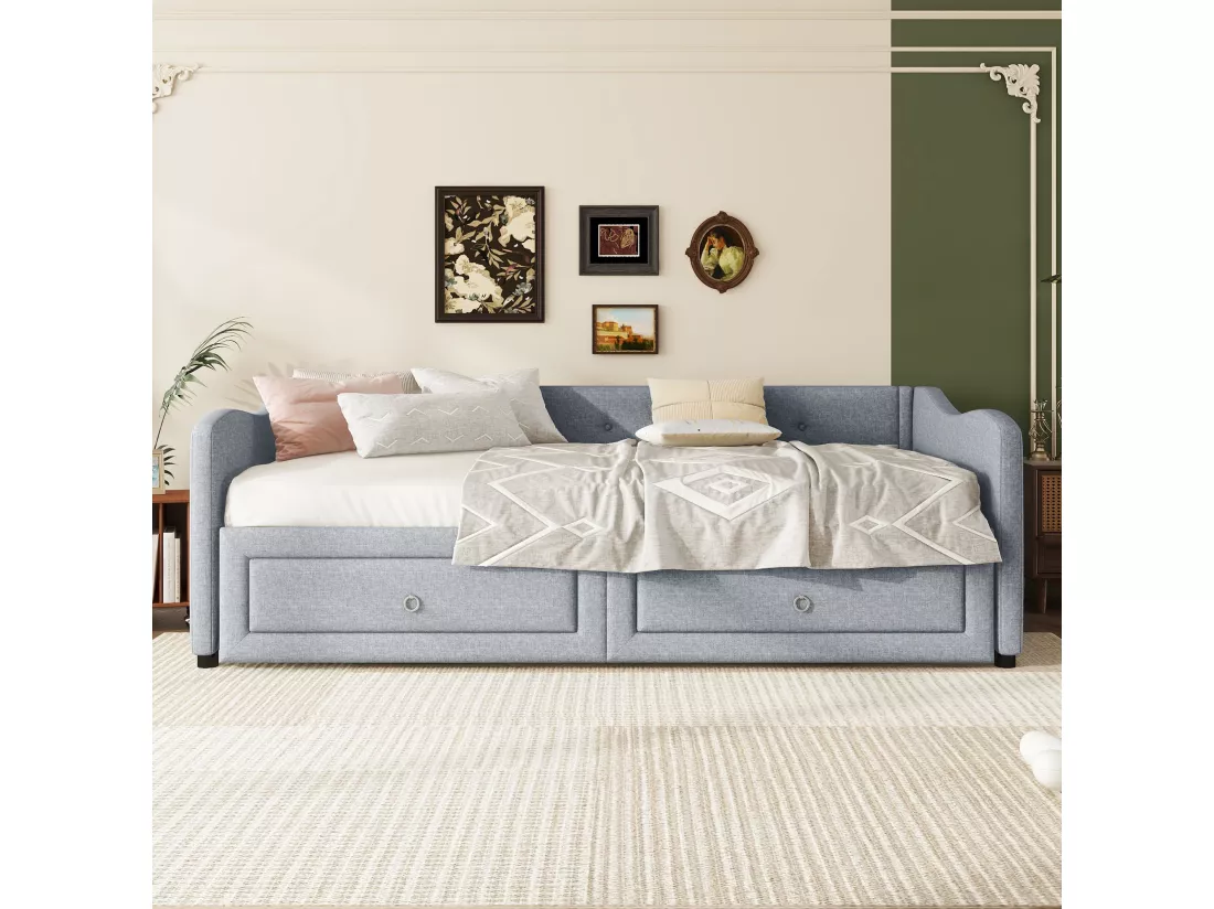 Lit gigogne 90/180 x 200 cm avec 2 tiroirs - tissu en lin - gris (sans matelas)