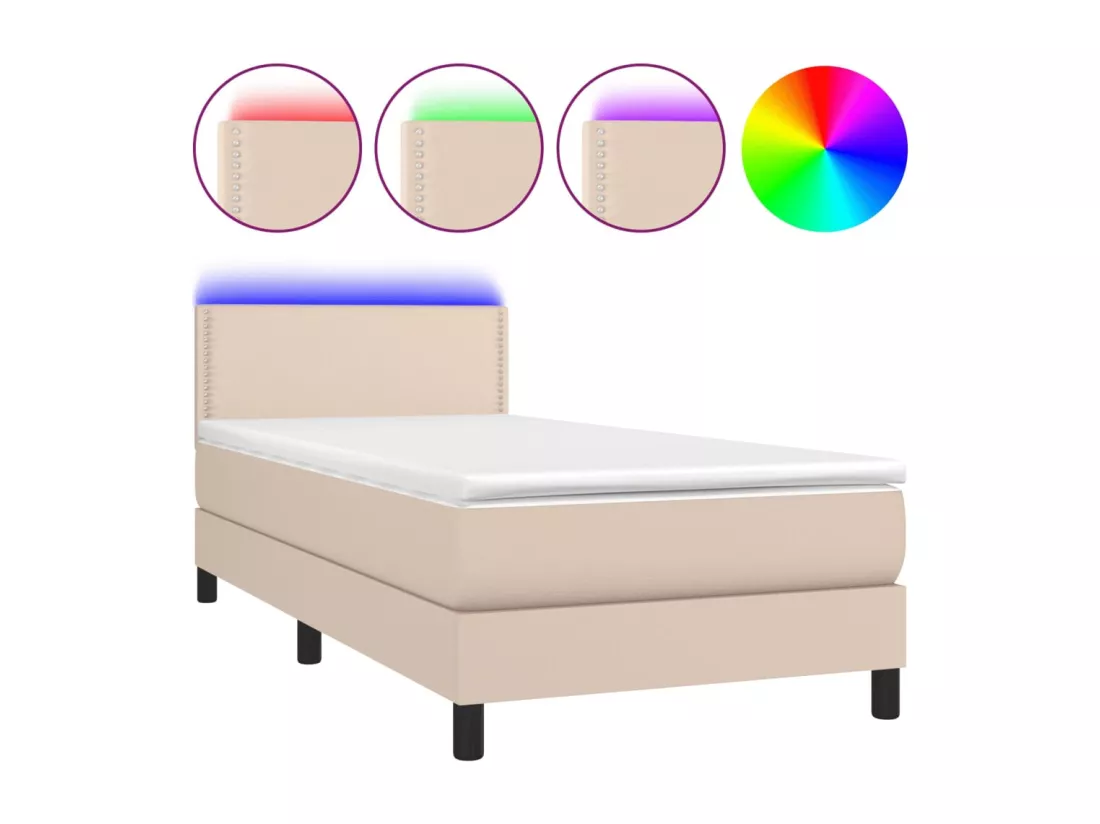 Sommier tapissier matelas et LED Cappuccino 90x190cm Similicuir